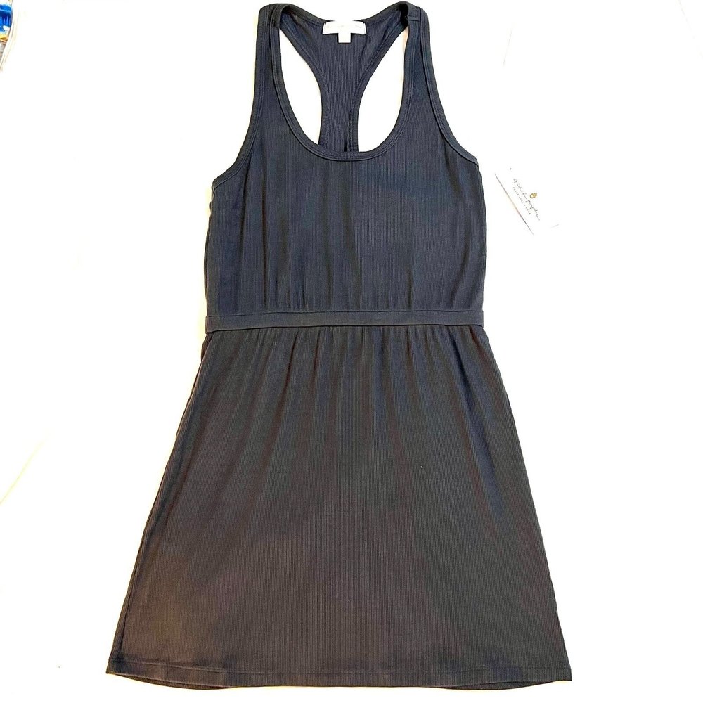 SPIRITUAL GANGSTER Womans Medium Day Off Rib Dress Grey Racer Back Scooped Neck